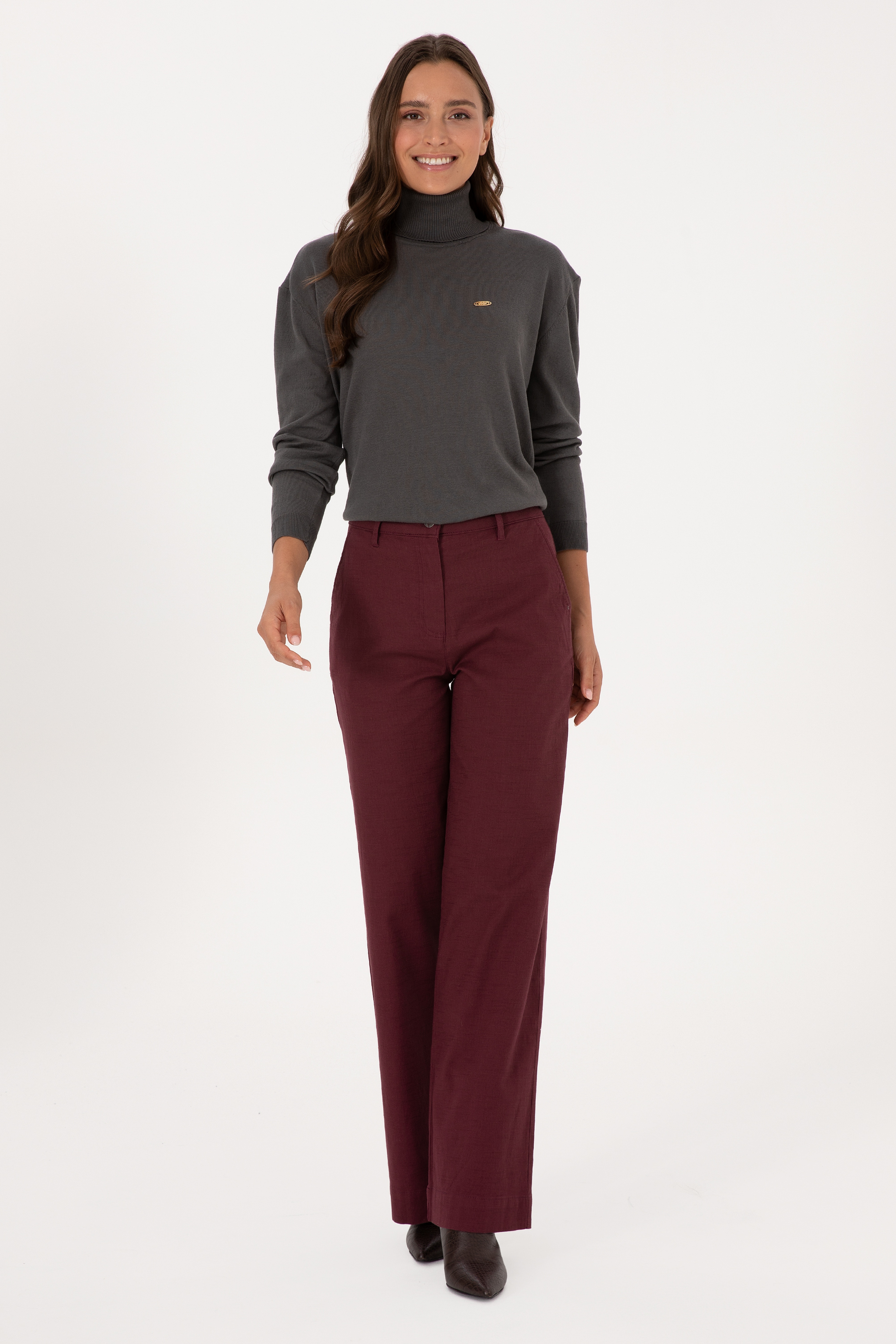 Kadın Bordo Loose Fit Kanvas Pantolon - Image 1