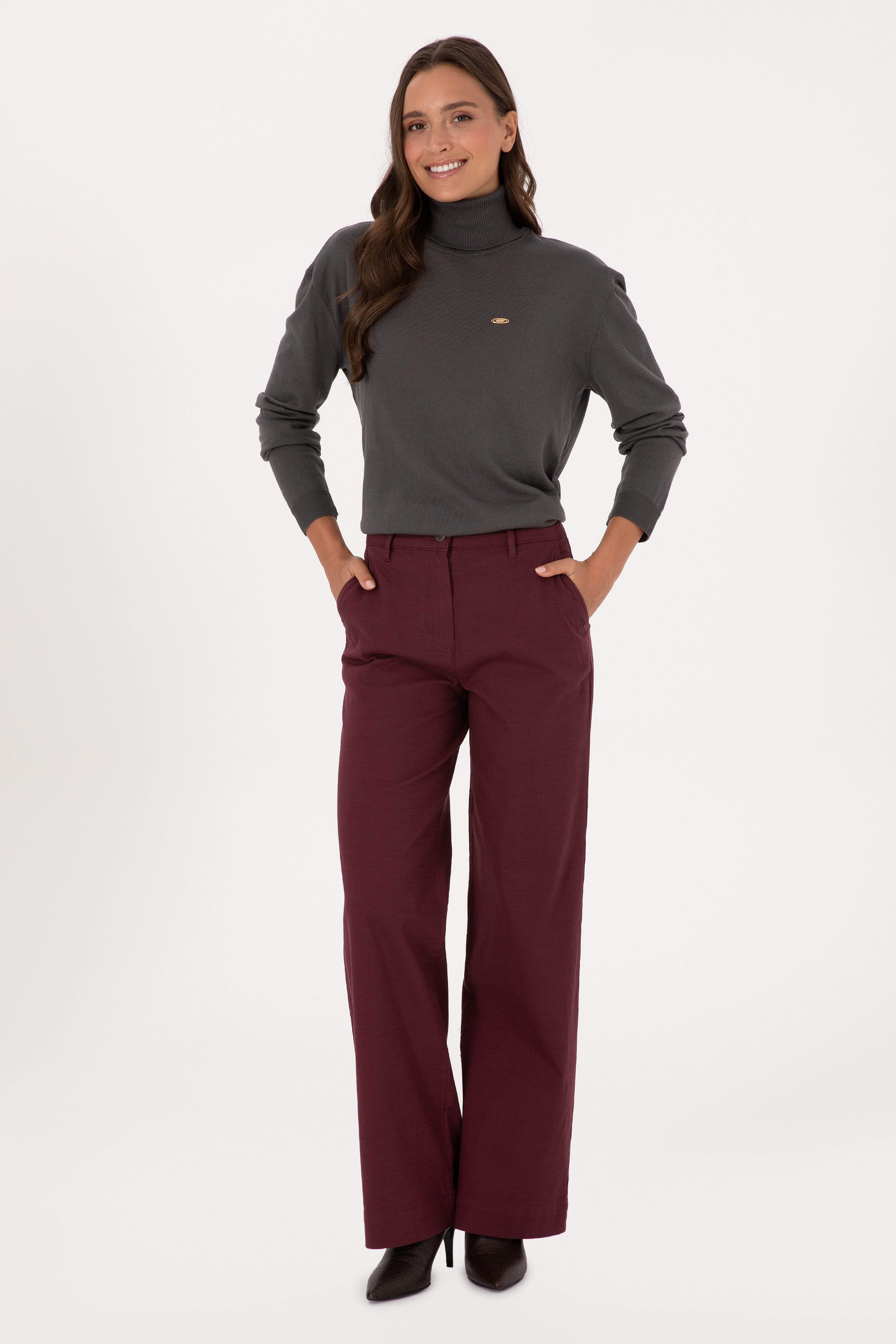 Kadın Bordo Loose Fit Kanvas Pantolon - Image 3