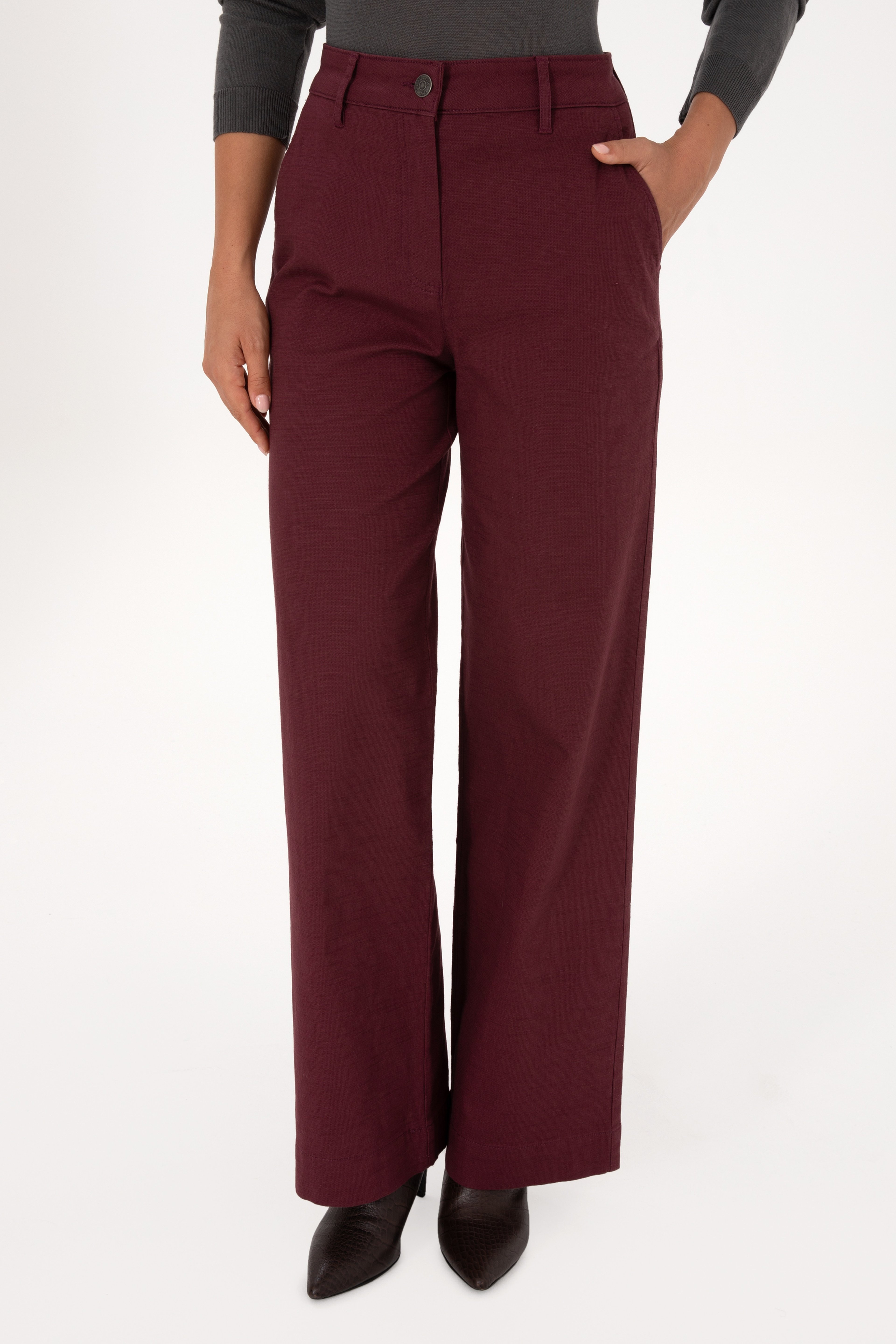 Kadın Bordo Loose Fit Kanvas Pantolon - Image 2