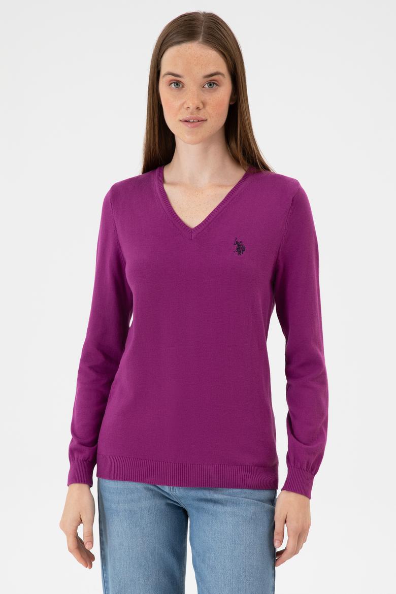 Kadın Violet V Yaka Basic Kazak