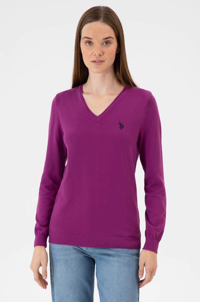 Kadın Violet V Yaka Basic Kazak