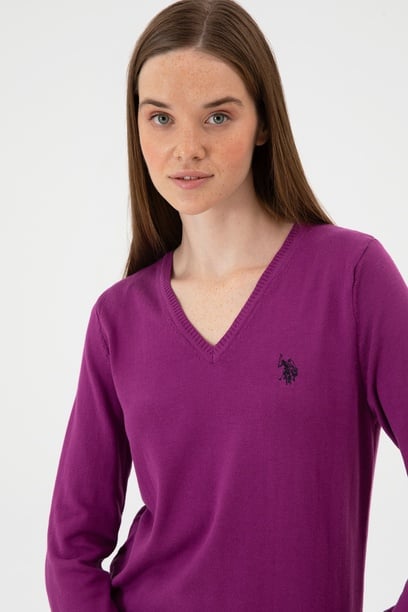 Kadın Violet V Yaka Basic Kazak