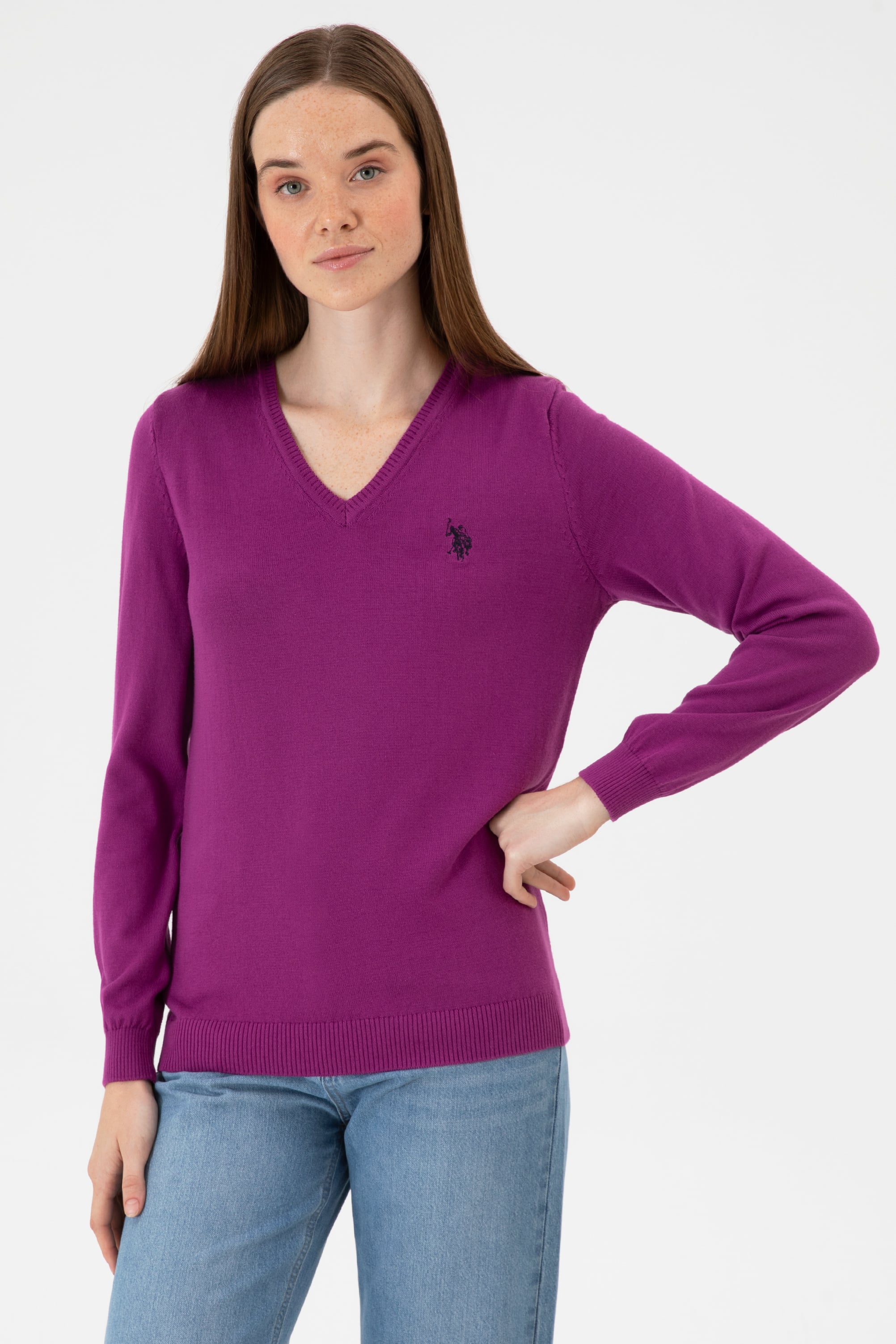 Kadın Violet V Yaka Basic Kazak