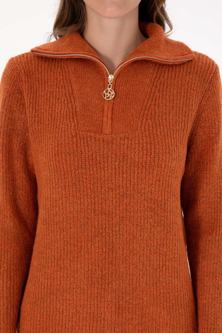 Kadın Bakır V Yaka Fermuarlı Kazak - 50308331034