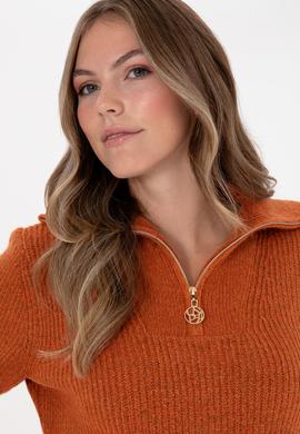 Kadın Bakır V Yaka Fermuarlı Kazak - 50308331034