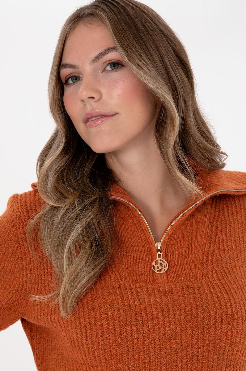 Kadın Bakır V Yaka Fermuarlı Kazak