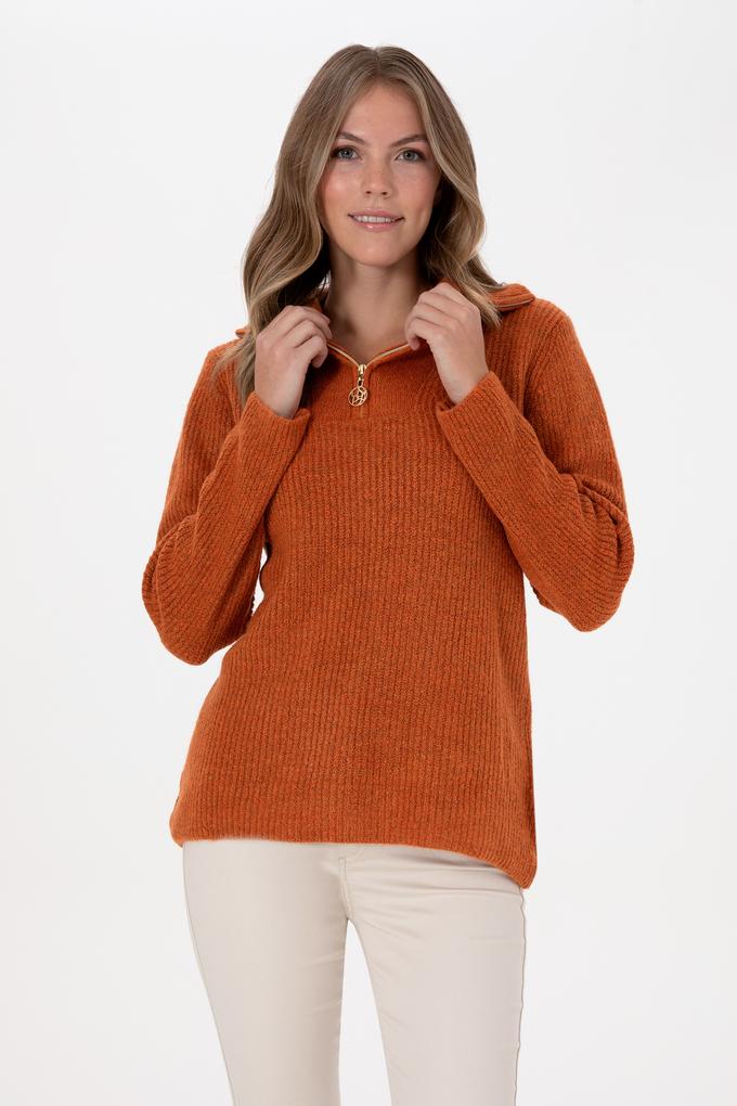 Kadın Bakır V Yaka Fermuarlı Kazak