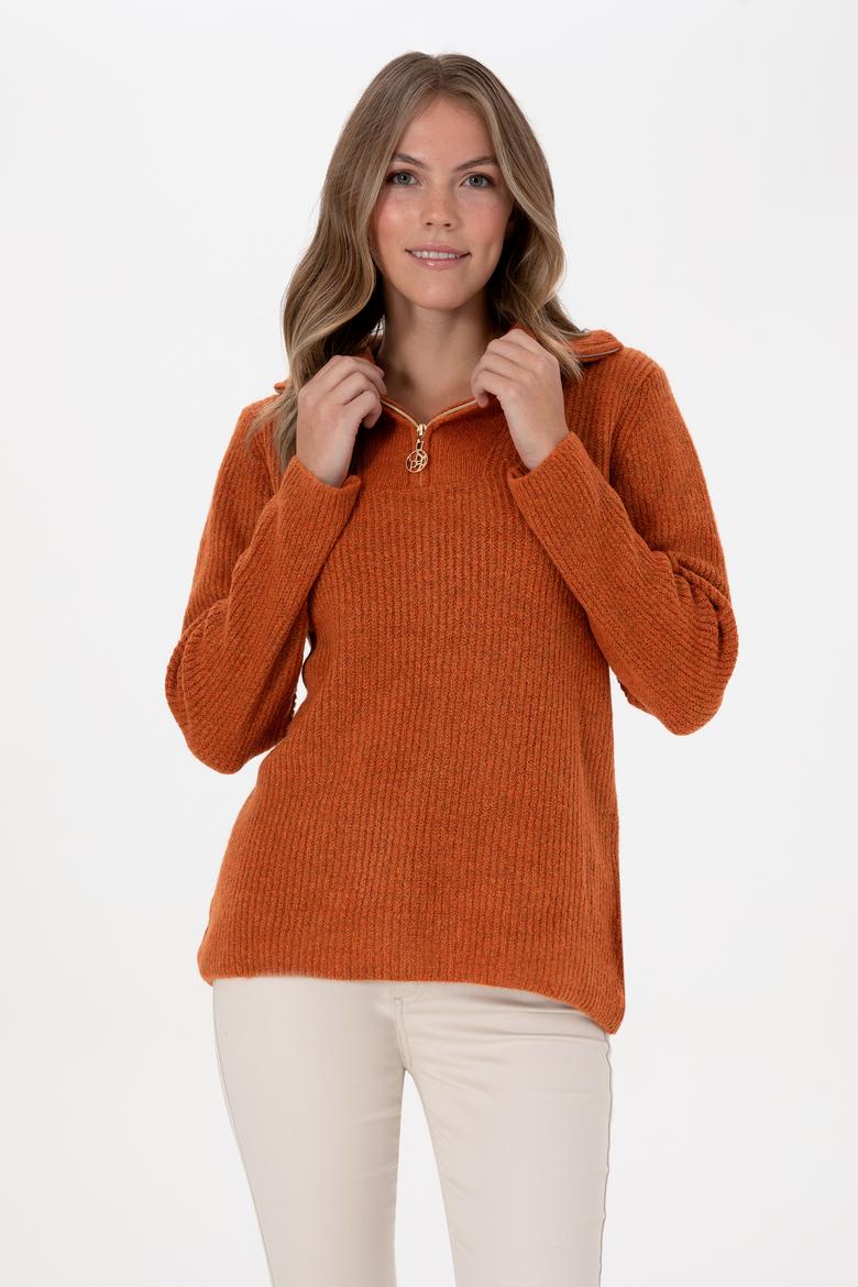 Kadın Bakır V Yaka Fermuarlı Kazak