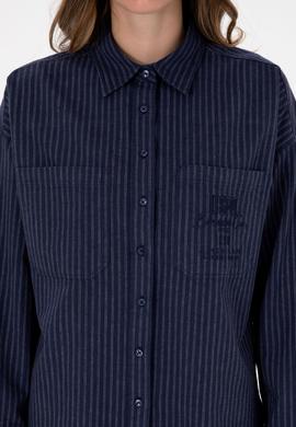 Kadın Lacivert Çizgili Uzun Kollu Gömlek - 50313599011