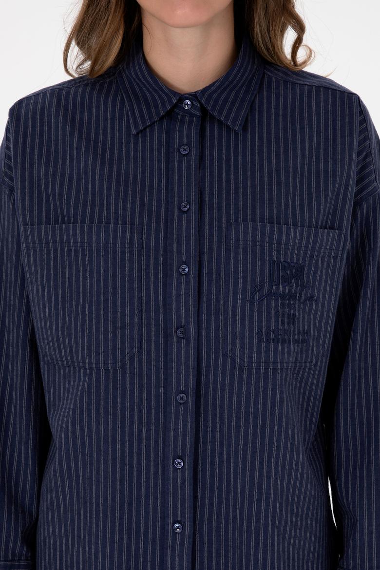 Kadın Lacivert Çizgili Uzun Kollu Gömlek - 50313599011