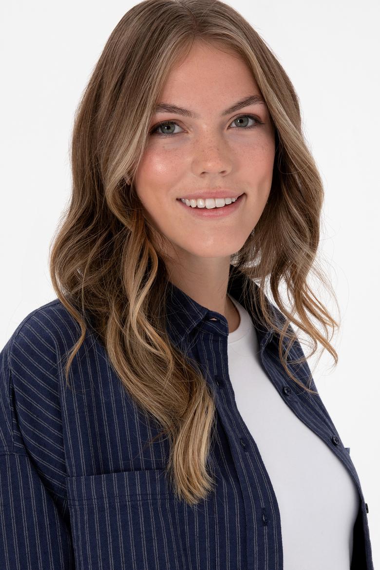 Kadın Lacivert Çizgili Uzun Kollu Gömlek - 50313599011
