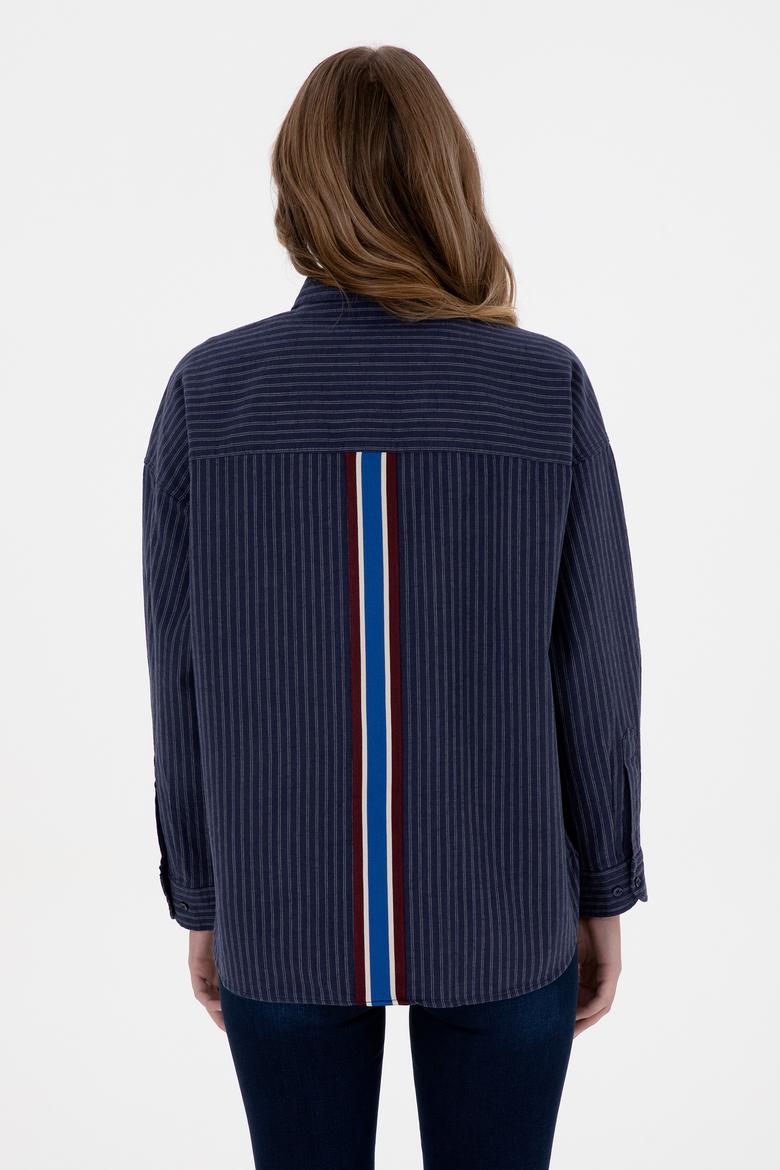 Kadın Lacivert Çizgili Uzun Kollu Gömlek - 50313599011