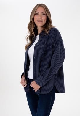 Kadın Lacivert Çizgili Uzun Kollu Gömlek - 50313599011