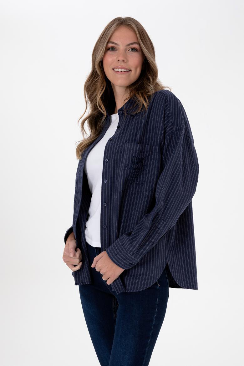 Kadın Lacivert Çizgili Uzun Kollu Gömlek