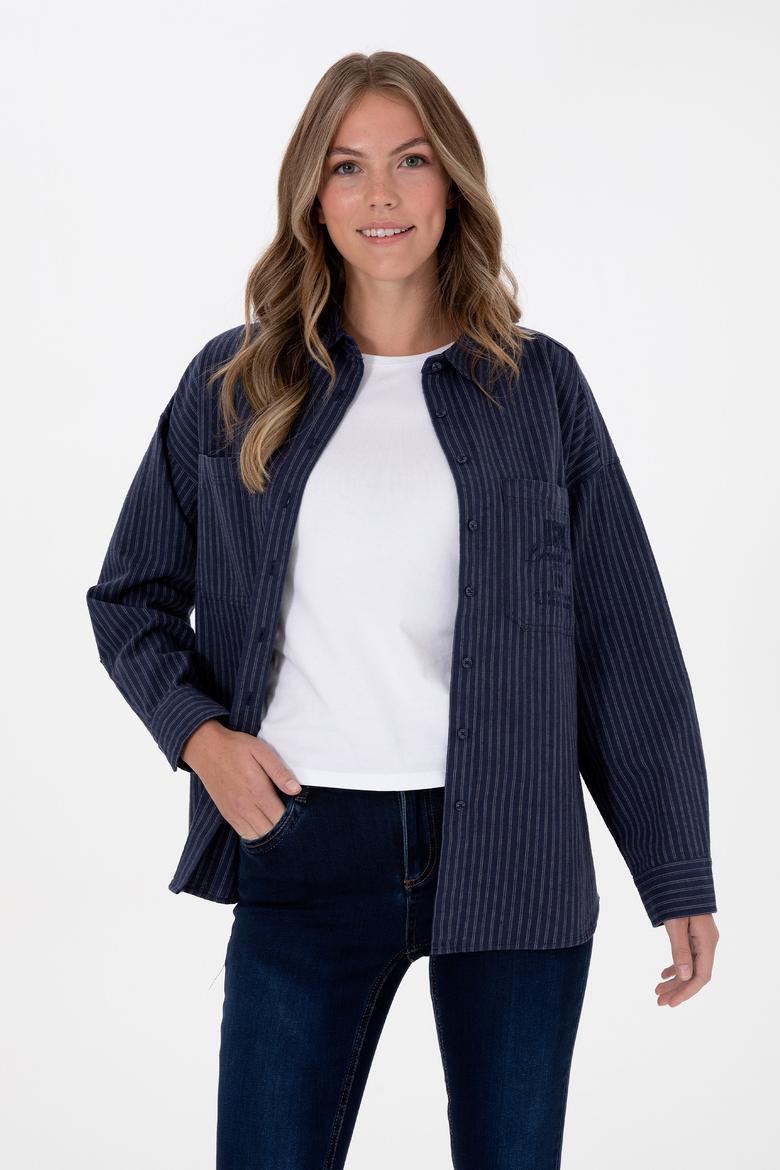 Kadın Lacivert Çizgili Uzun Kollu Gömlek - 50313599011