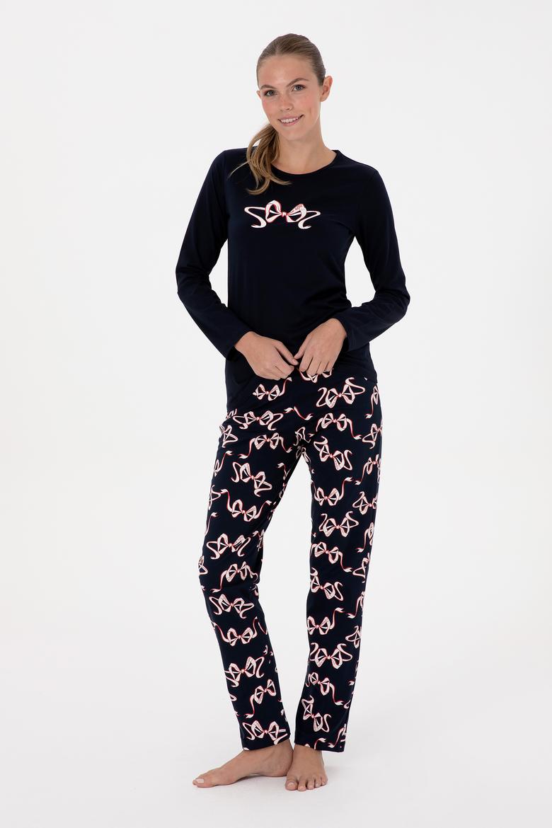 Kadın Lacivert Yılbaşı Temalı Pijama Takımı