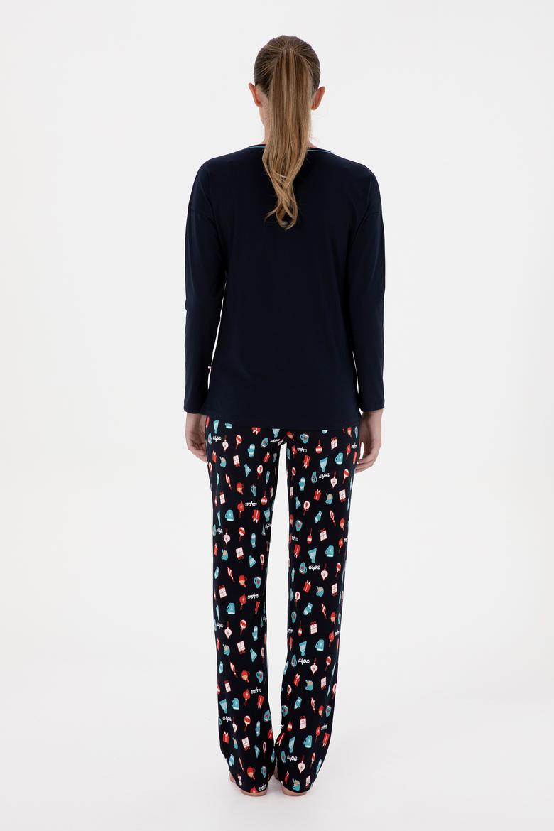 Kadın Lacivert Yılbaşı Temalı Pijama Takımı - 50318896002