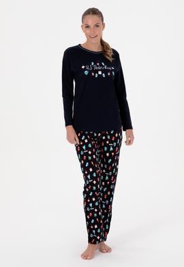 Kadın Lacivert Yılbaşı Temalı Pijama Takımı - 50318896002