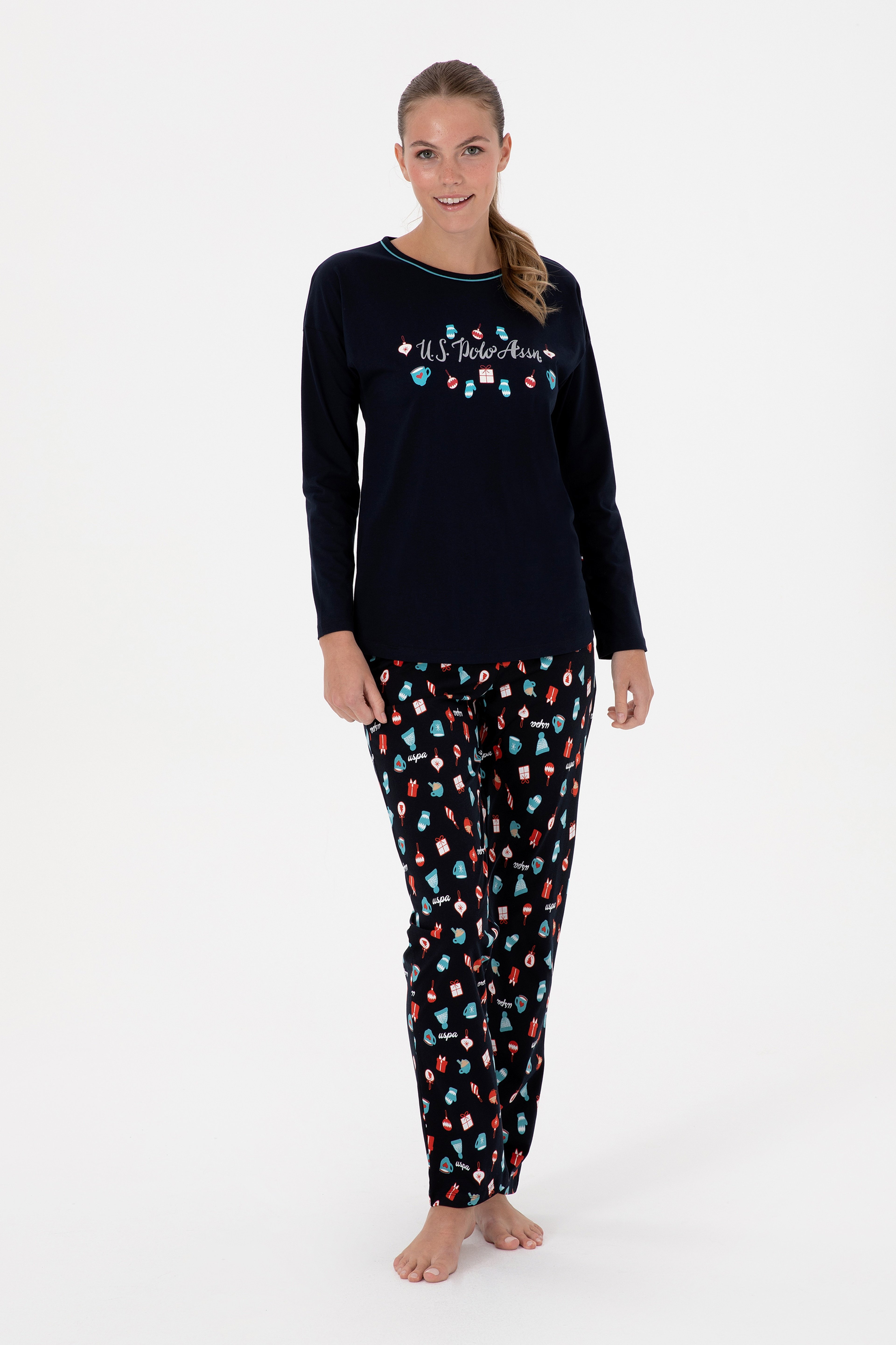Kadın Lacivert Yılbaşı Temalı Pijama Takımı