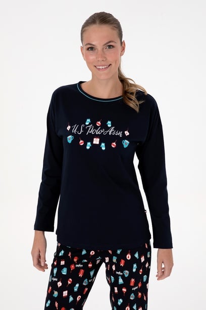 Kadın Lacivert Yılbaşı Temalı Pijama Takımı