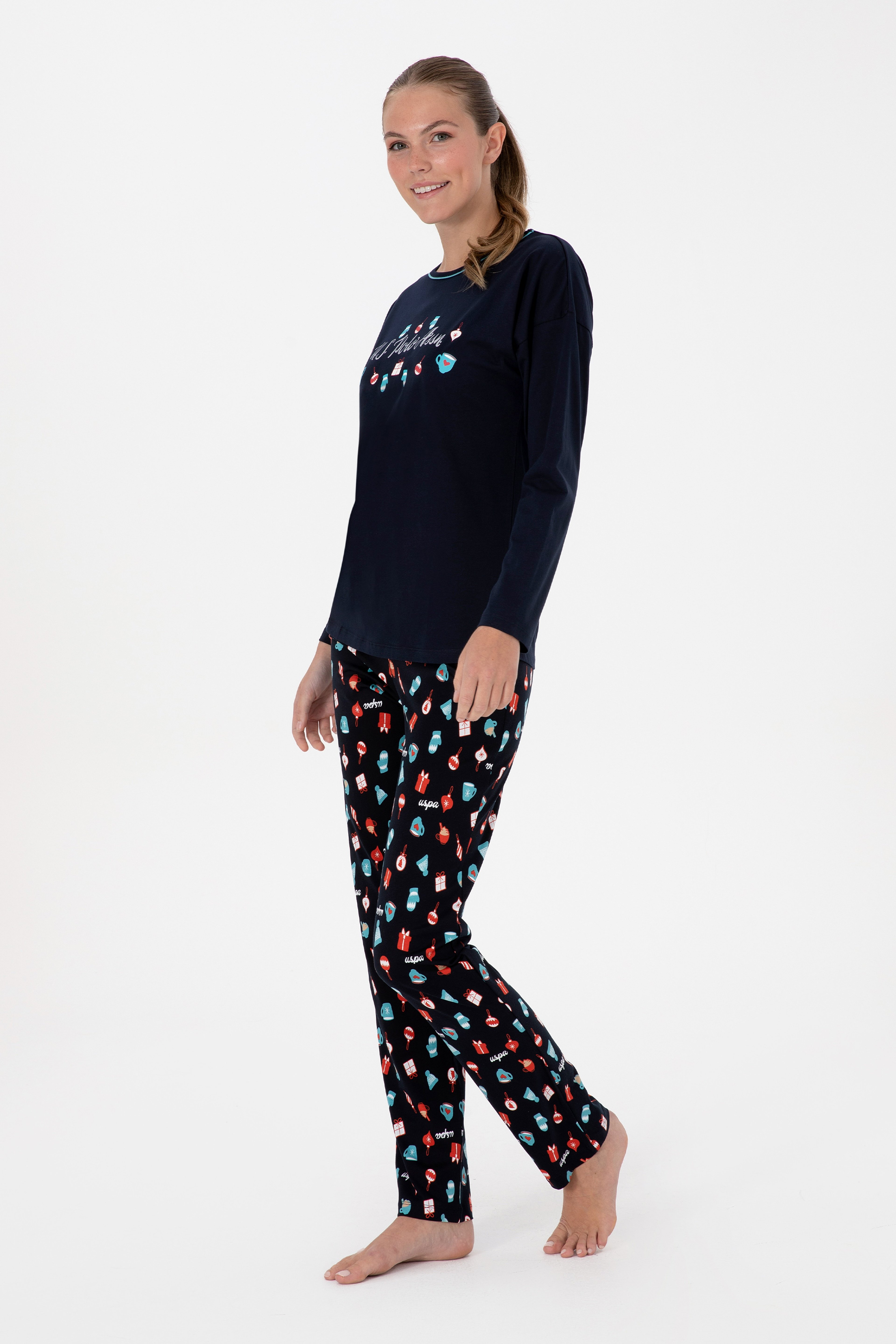 Kadın Lacivert Yılbaşı Temalı Pijama Takımı