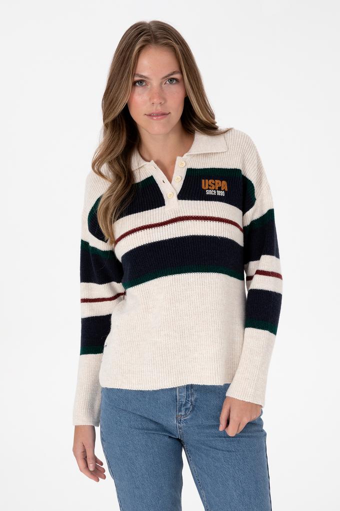 Kadın Beyaz Polo Yaka Kazak