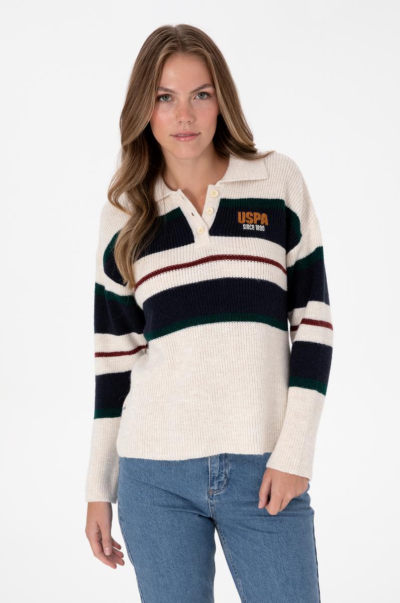 Kadın Beyaz Polo Yaka Kazak