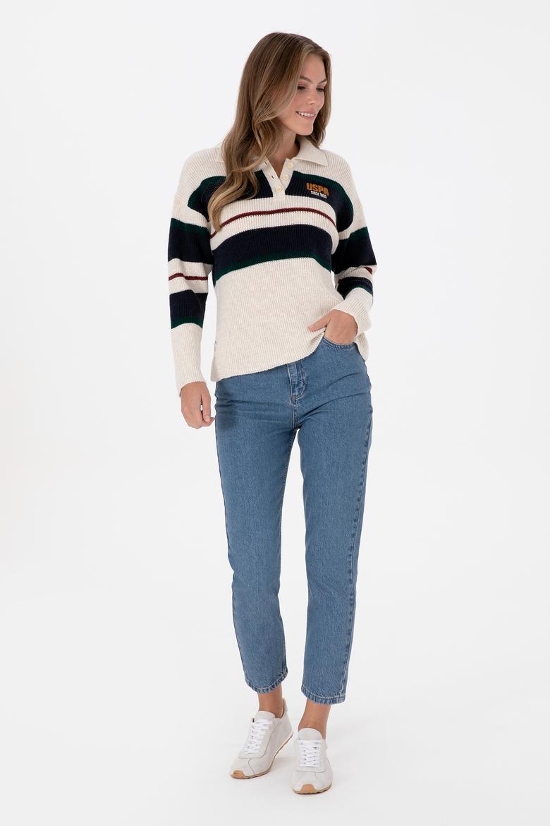 Kadın Beyaz Polo Yaka Kazak - 50309587003