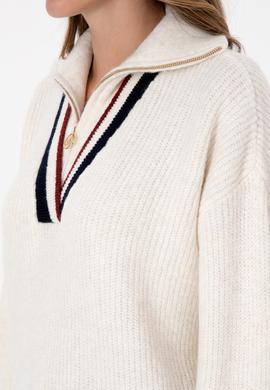 Kadın Beyaz V Yaka Fermuarlı Kazak - 50309564003