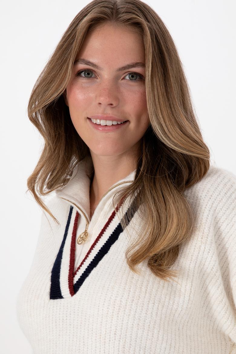 Kadın Beyaz V Yaka Fermuarlı Kazak - 50309564003