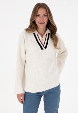 Kadın Beyaz V Yaka Fermuarlı Kazak - 50309564003