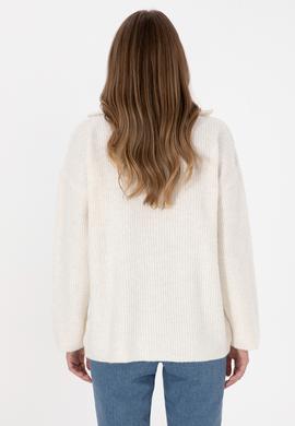 Kadın Beyaz V Yaka Fermuarlı Kazak - 50309564003