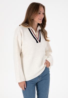 Kadın Beyaz V Yaka Fermuarlı Kazak - 50309564003