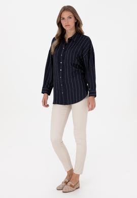 Kadın Çizgili Lacivert Uzun Kollu Gömlek - 50308768004