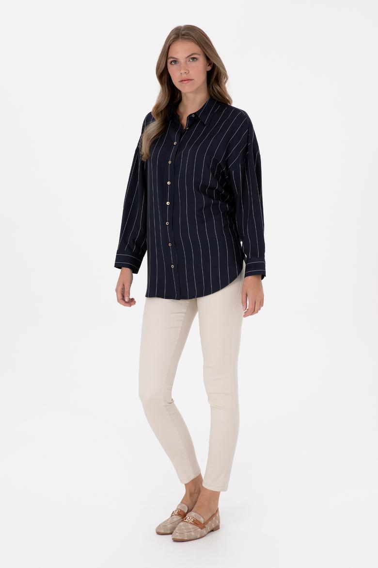 Kadın Çizgili Lacivert Uzun Kollu Gömlek - 50308768004
