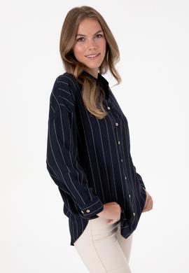 Kadın Çizgili Lacivert Uzun Kollu Gömlek - 50308768004