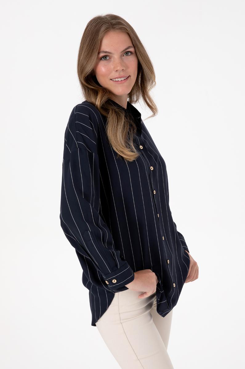 Kadın Çizgili Lacivert Uzun Kollu Gömlek
