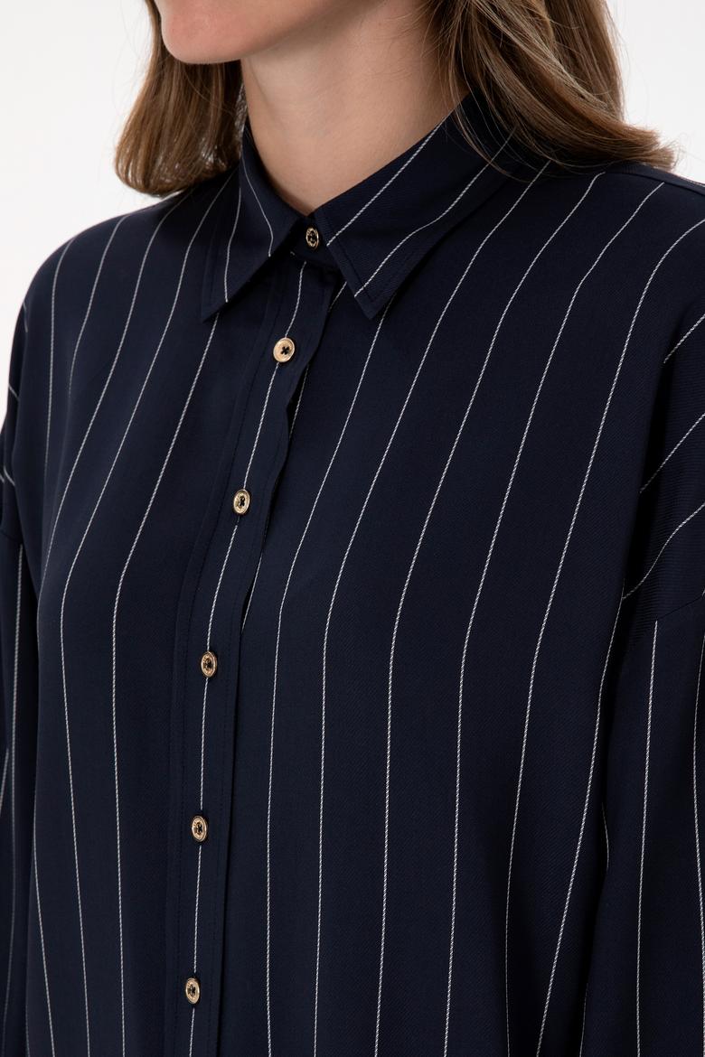 Kadın Çizgili Lacivert Uzun Kollu Gömlek - 50308768004