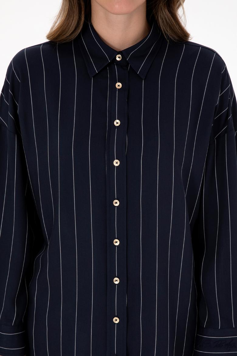 Kadın Çizgili Lacivert Uzun Kollu Gömlek - 50308768004