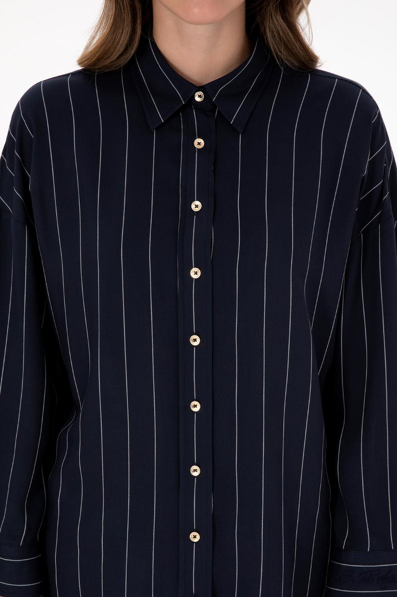Kadın Çizgili Lacivert Uzun Kollu Gömlek