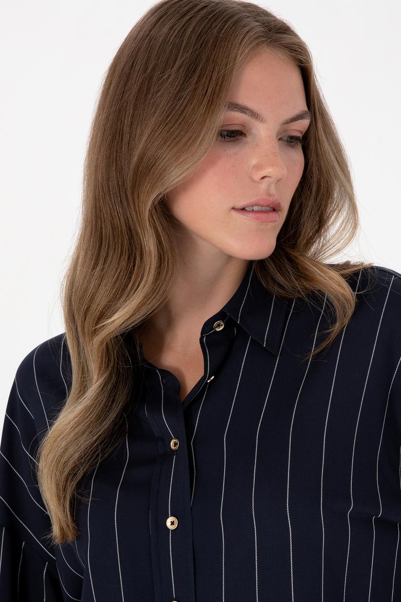 Kadın Çizgili Lacivert Uzun Kollu Gömlek - 50308768004
