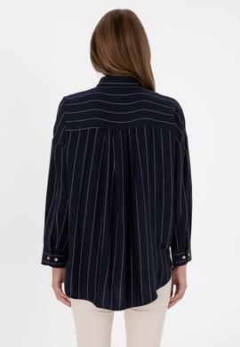 Kadın Çizgili Lacivert Uzun Kollu Gömlek - 50308768004