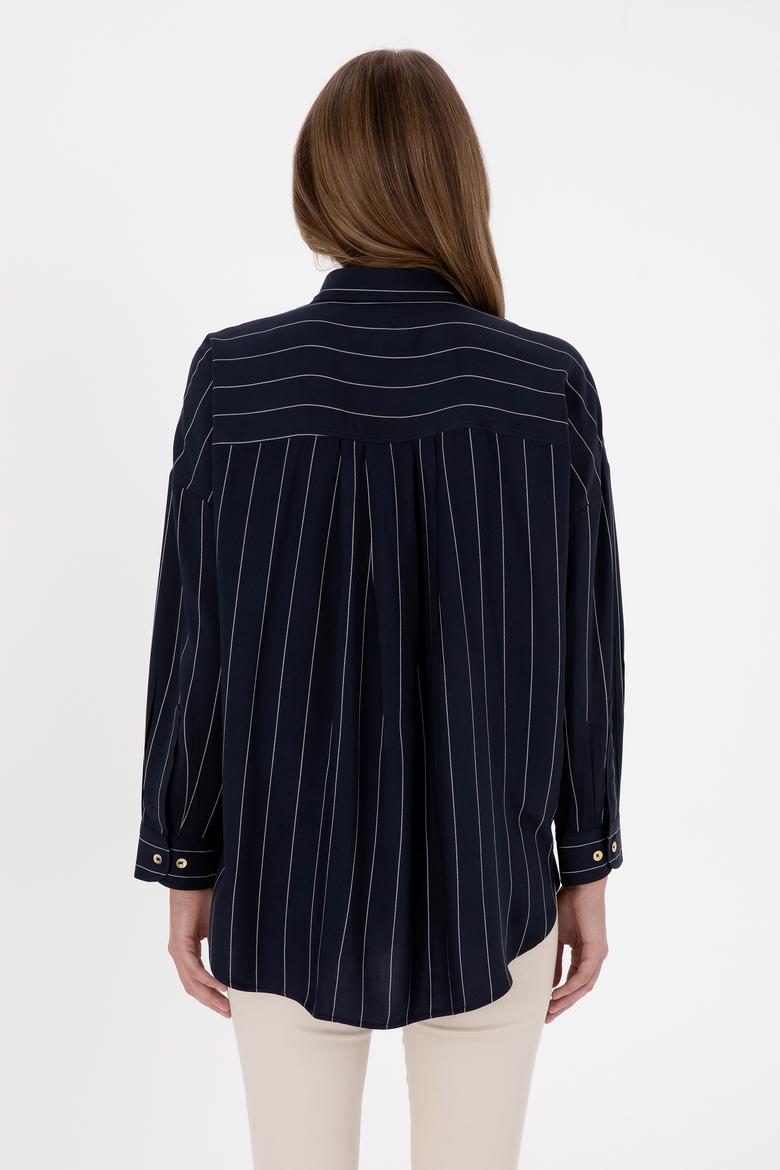 Kadın Çizgili Lacivert Uzun Kollu Gömlek - 50308768004
