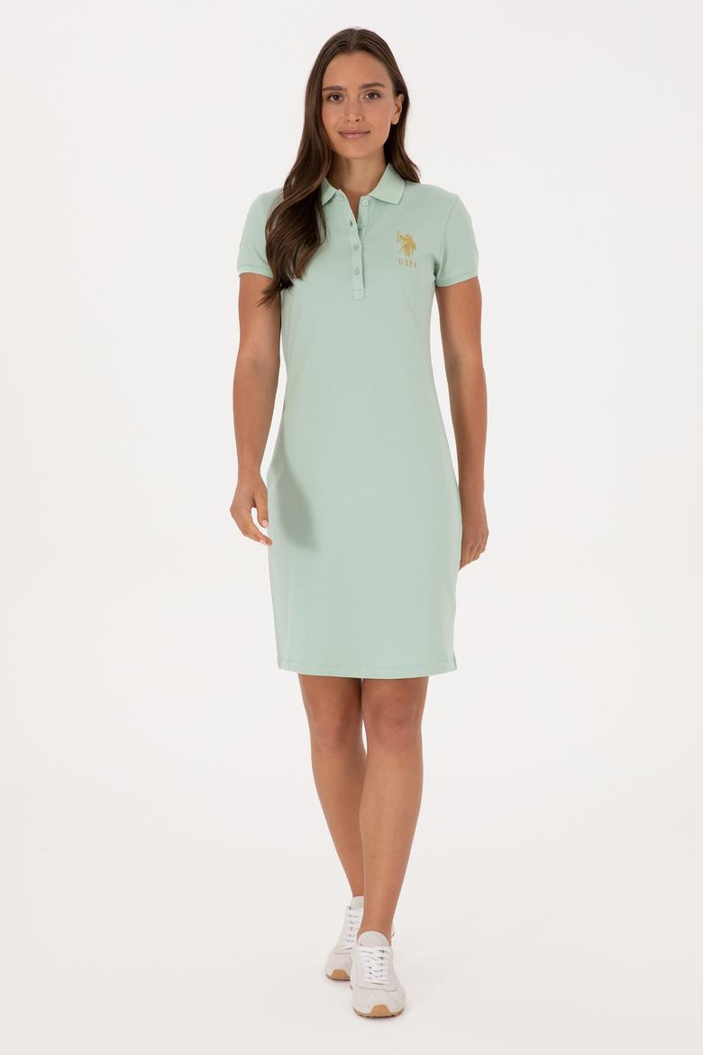 Kadın Su Yeşili Polo Yaka Mini Boy Örme Elbise