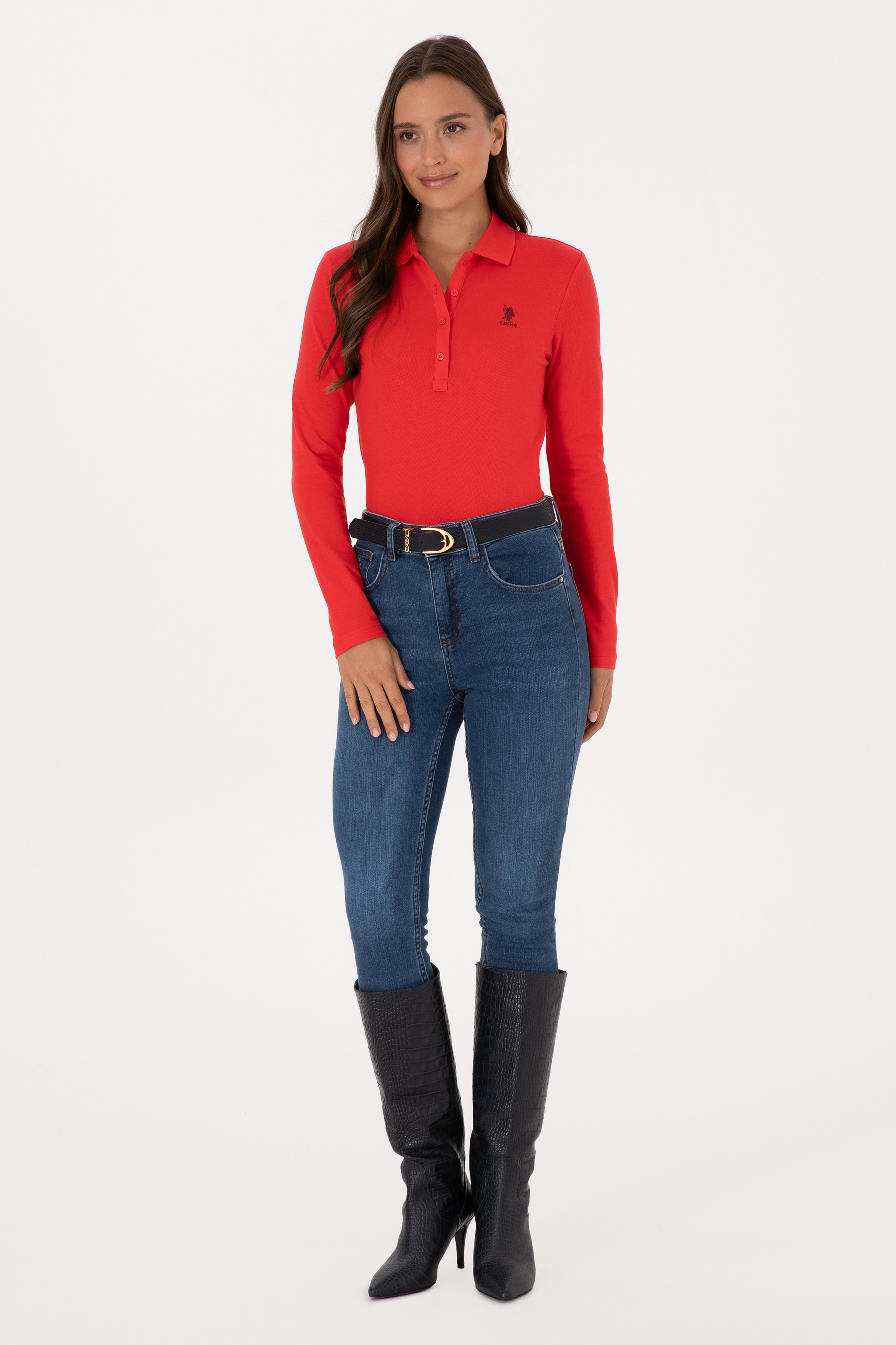 Kadın Kırmızı Basic Polo Yaka Sweatshırt - Image 4