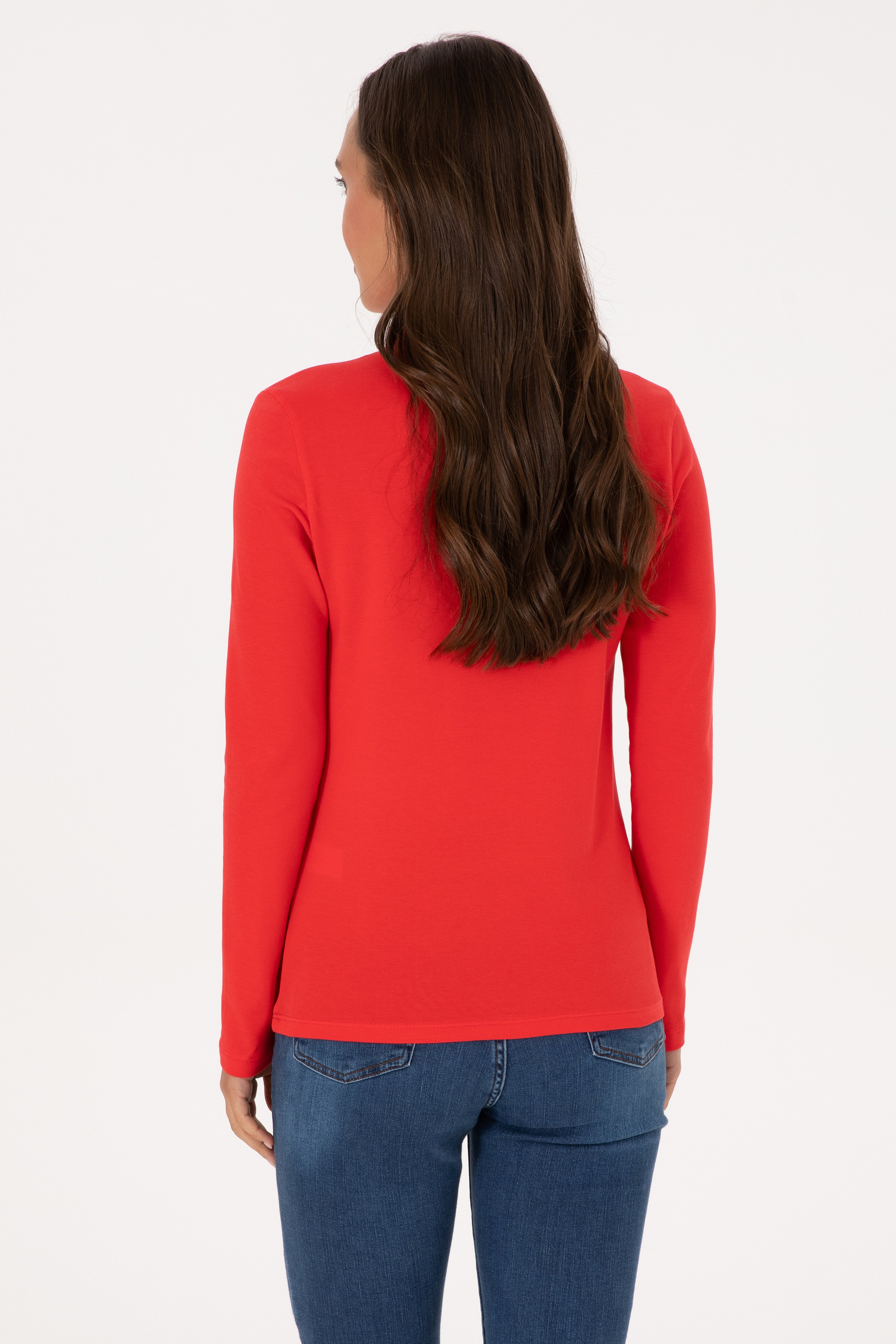 Kadın Kırmızı Basic Polo Yaka Sweatshırt