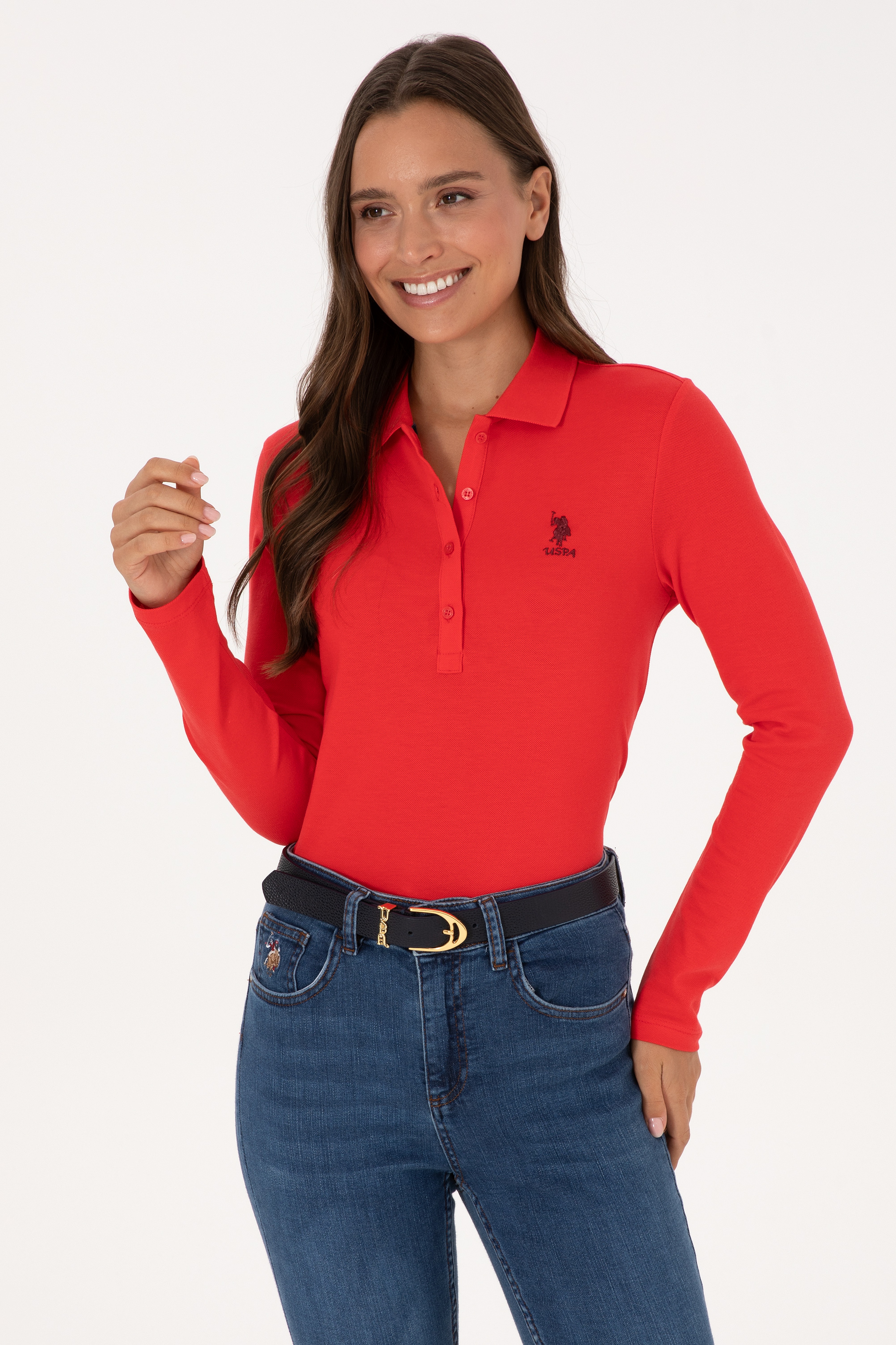 Kadın Kırmızı Basic Polo Yaka Sweatshırt - Image 3