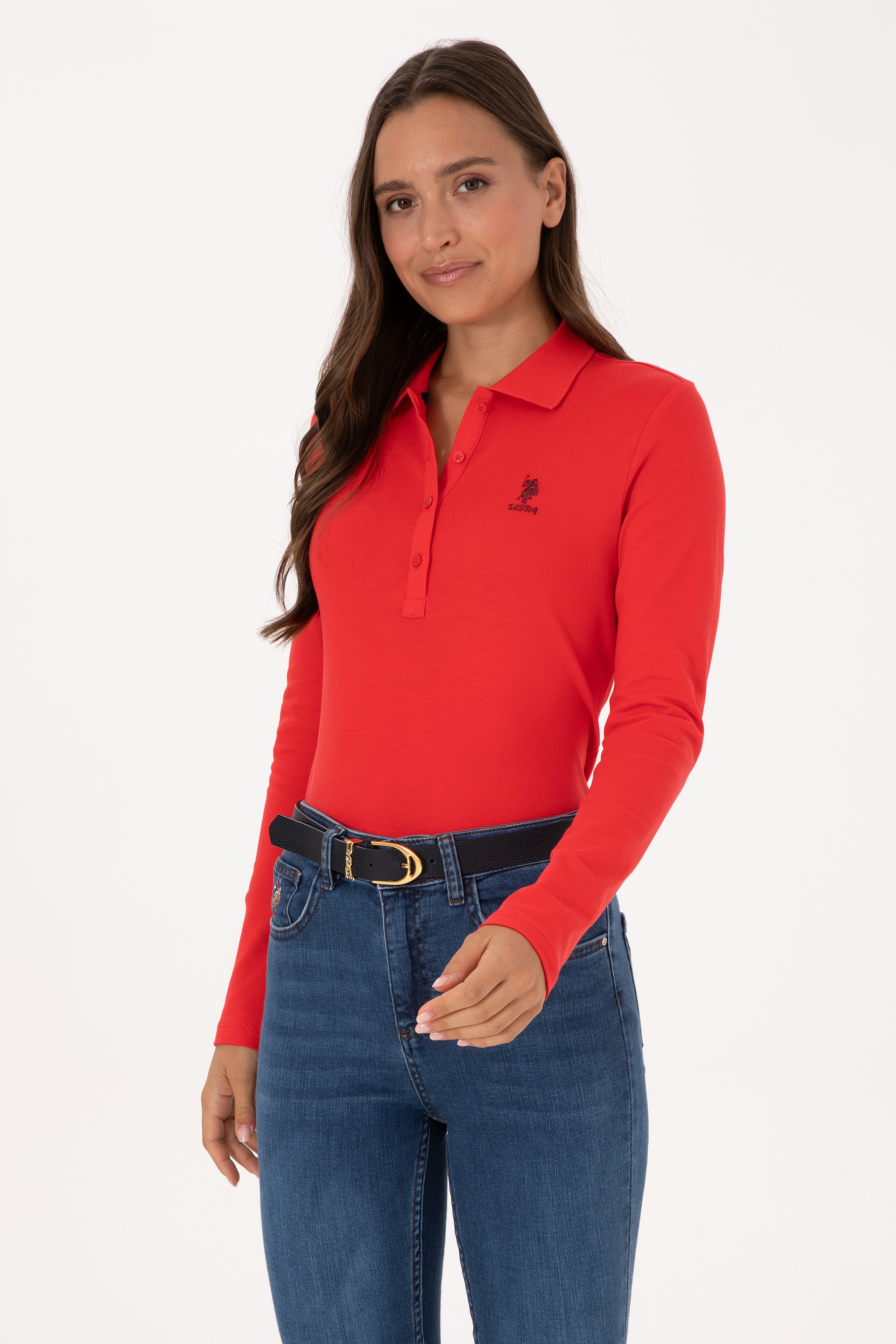 Kadın Kırmızı Basic Polo Yaka Sweatshırt - Image 1