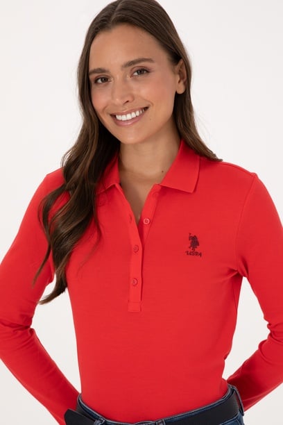 Kadın Kırmızı Basic Polo Yaka Sweatshırt