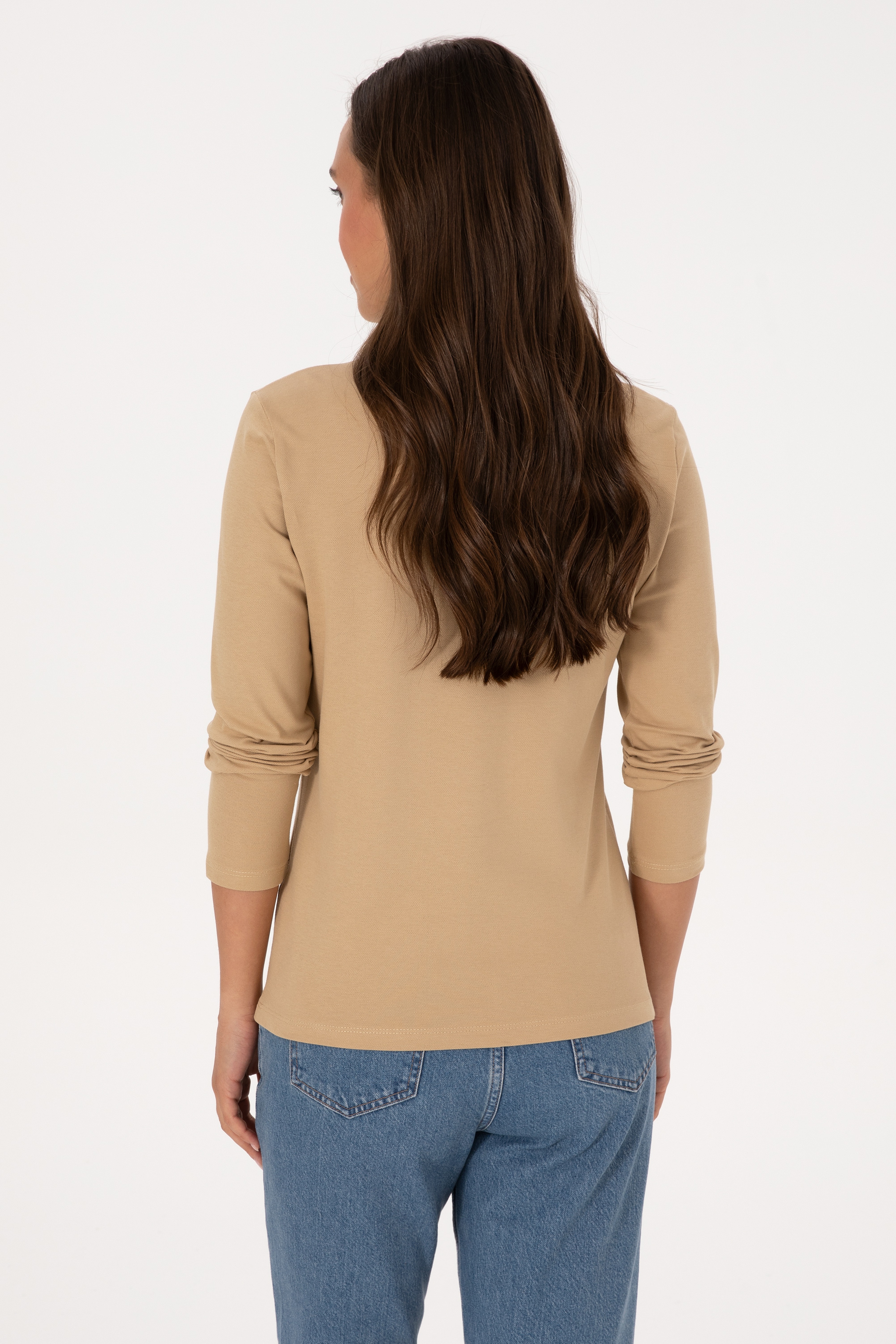Kadın Kum Basic Polo Yaka Sweatshırt - Image 5